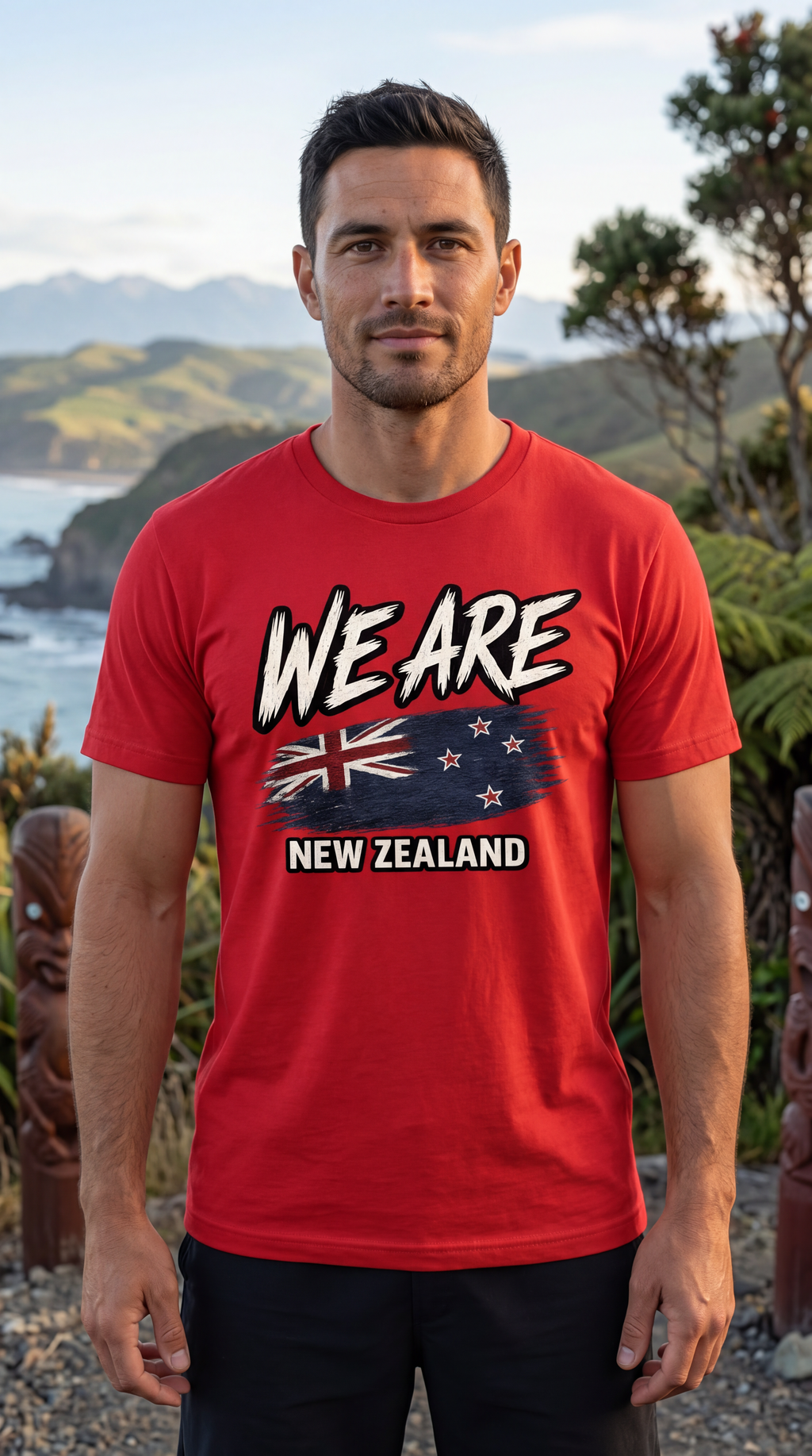 A man wearing a red graphic t-shirt with 'WE ARE NEW ZEALAND' and the New Zealand flag printed on the front, standing outdoors against a scenic coastal background.