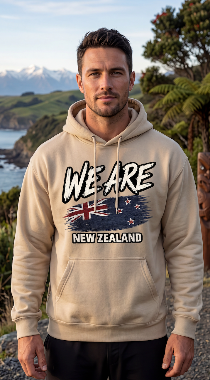 A man wearing a beige hoodie with a 'WE ARE NEW ZEALAND' graphic featuring the New Zealand flag, standing outdoors in front of a scenic New Zealand coastline.
