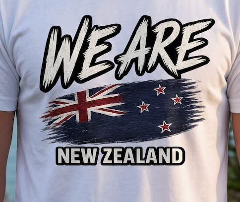 A close-up of a white short-sleeve t-shirt featuring a graphic print with the text 'WE ARE NEW ZEALAND' and a stylized New Zealand flag design.