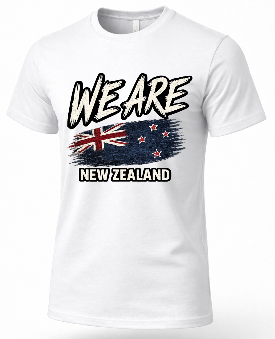 A white short-sleeve crewneck t-shirt featuring a graphic print on the front with the text 'WE ARE' above a stylized New Zealand flag and 'NEW ZEALAND' below.