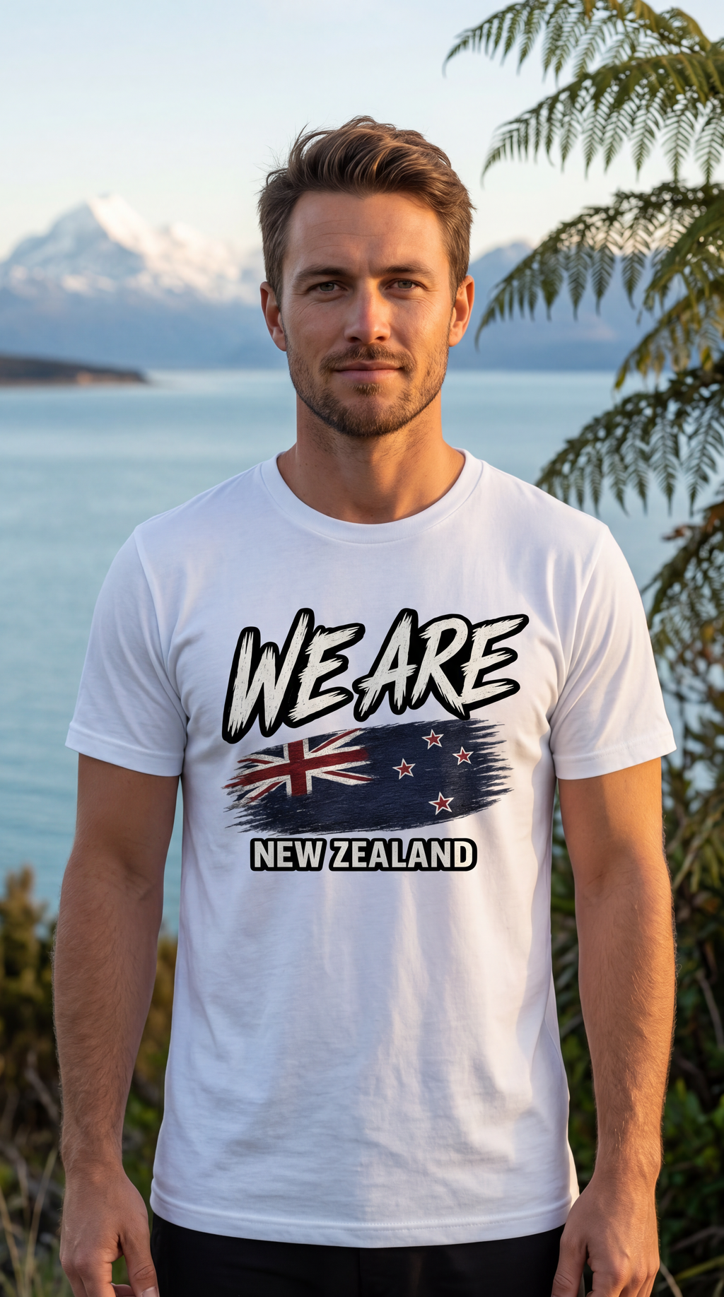 A man wearing a white graphic t-shirt with 'WE ARE NEW ZEALAND' and the New Zealand flag printed on the front, set against a scenic background of a lake and mountains.