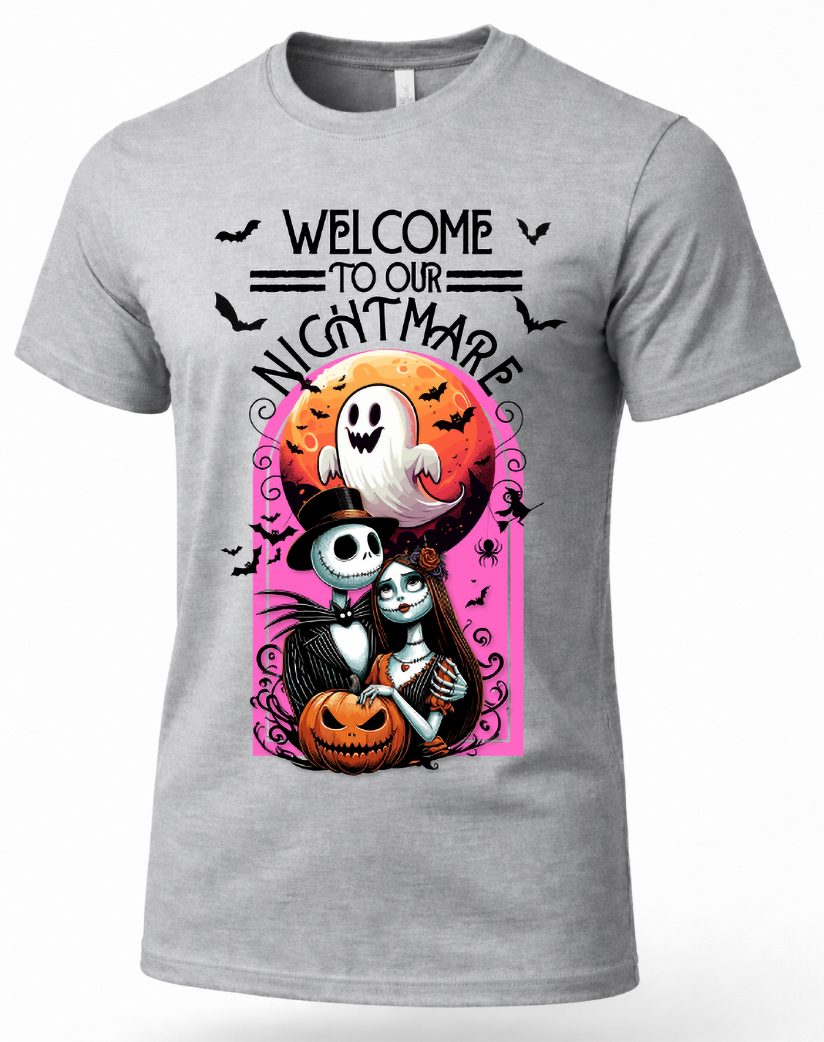 A heather gray short-sleeve crewneck t-shirt featuring a colorful graphic print of Jack Skellington and Sally from 'The Nightmare Before Christmas' with a ghost, pumpkins, bats, and the text 'WELCOME TO OUR NIGHTMARE'.
