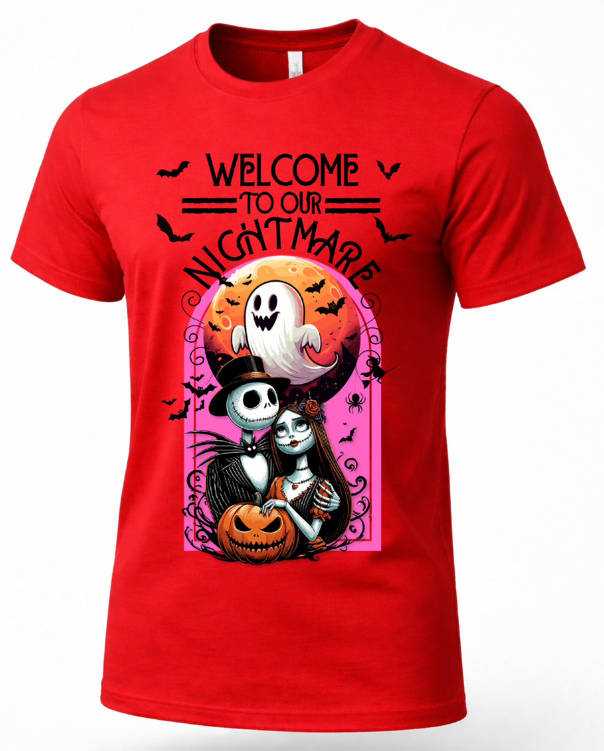A red short-sleeve crewneck t-shirt featuring a graphic print of Jack Skellington and Sally from 'The Nightmare Before Christmas' with the text 'WELCOME TO OUR NIGHTMARE' and a ghost, moon, and pumpkins.