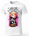 A white short-sleeve crewneck t-shirt featuring a colorful graphic print of Jack Skellington and Sally from 'The Nightmare Before Christmas' with a pumpkin, moon, and bats under the text 'WELCOME TO OUR NIGHTMARE'.