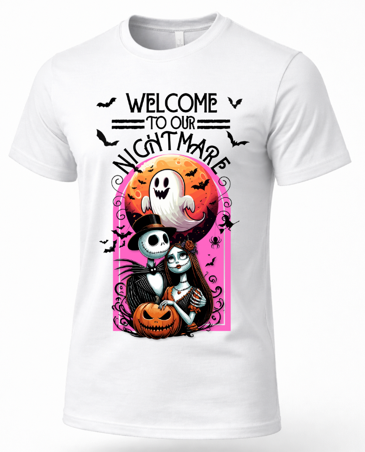 A white short-sleeve crewneck t-shirt featuring a colorful graphic print of Jack Skellington and Sally from 'The Nightmare Before Christmas' with a pumpkin, moon, and bats under the text 'WELCOME TO OUR NIGHTMARE'.