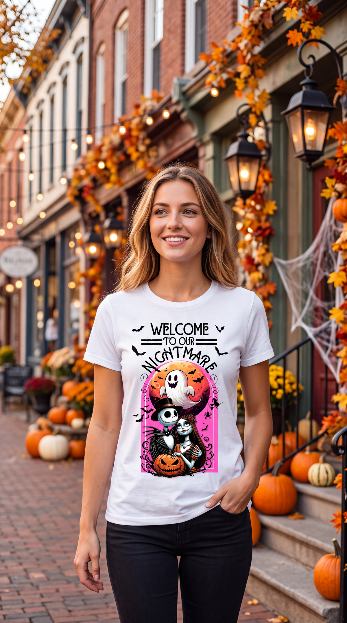 A woman stands on a brick street wearing a white graphic T-shirt with a colorful Halloween design that reads 'Welcome to Our Nightmare.' The background shows autumn-decorated storefronts with pumpkins, orange garlands, lanterns, and cobwebs.
