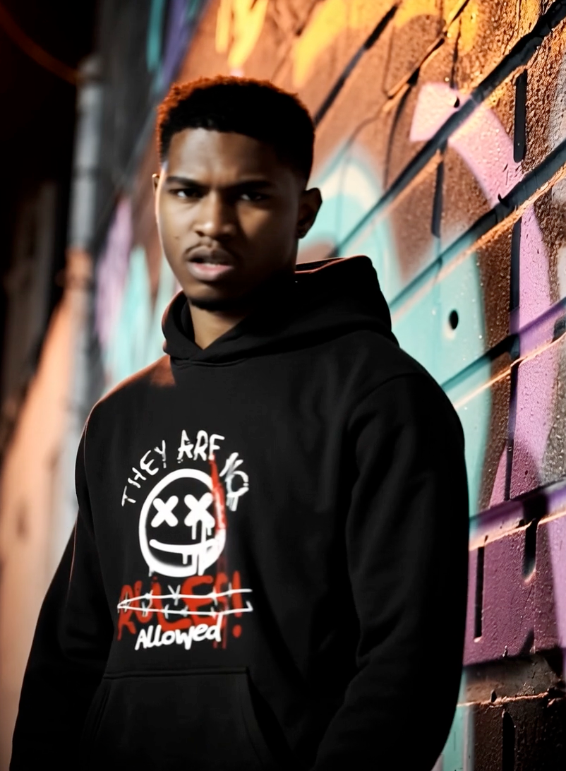 Man wearing black streetwear hoodie with ‘They Are Not Allowed’ smiley face graphic in graffiti alley