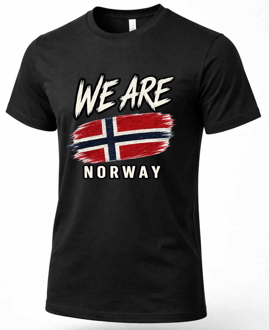 A black short-sleeve crewneck t-shirt featuring a graphic print on the front with the text 'WE ARE NORWAY' and a stylized Norwegian flag in red, white, and blue.