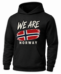 A black pullover hoodie with a graphic on the chest that reads 'WE ARE NORWAY' above and below a stylized Norwegian flag, shown on a plain white background.