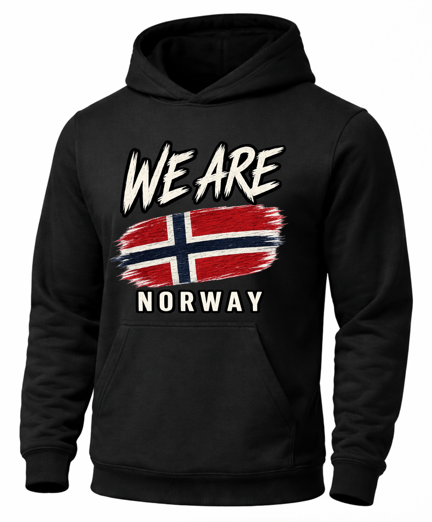 A black pullover hoodie with a graphic on the chest that reads 'WE ARE NORWAY' above and below a stylized Norwegian flag, shown on a plain white background.