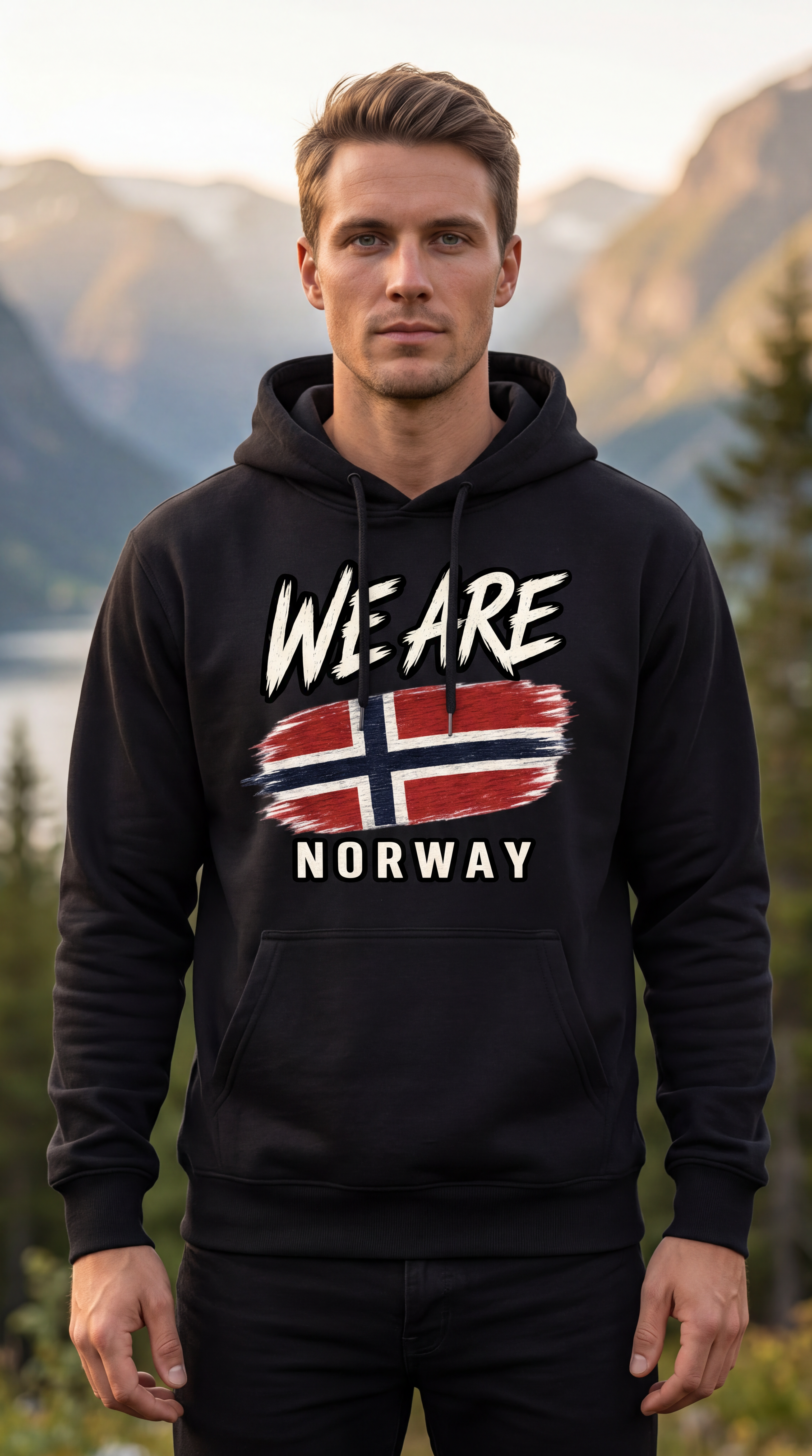 A man wearing a black pullover hoodie with a graphic print that reads 'WE ARE NORWAY' and features a stylized Norwegian flag, standing outdoors in front of a mountain landscape.