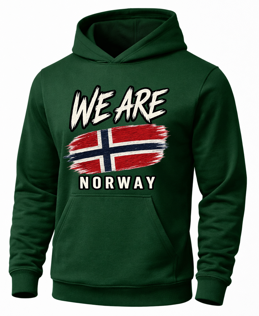 A dark green pullover hoodie with a graphic on the chest that reads 'WE ARE NORWAY' in white text surrounding a stylized Norwegian flag in red, white, and blue.