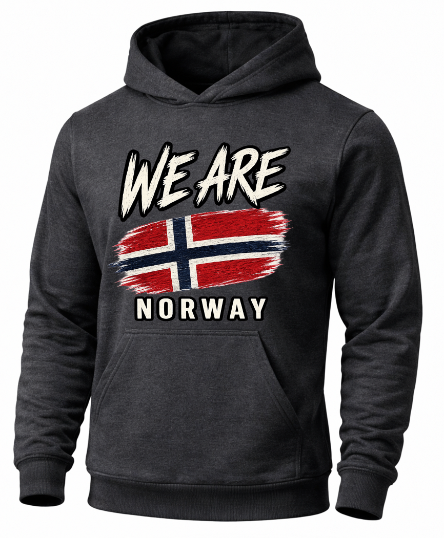 A dark charcoal gray hoodie featuring a distressed graphic print on the front with the text 'WE ARE NORWAY' and a stylized Norwegian flag.