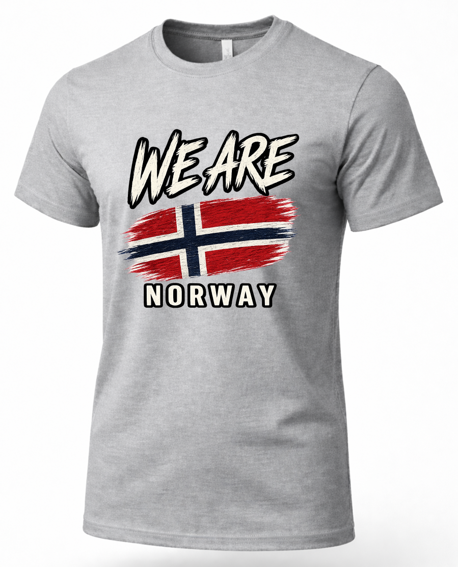 A heather gray short-sleeve crewneck t-shirt featuring a graphic print of the Norwegian flag and the text 'WE ARE NORWAY' in stylized white lettering with black outlines.