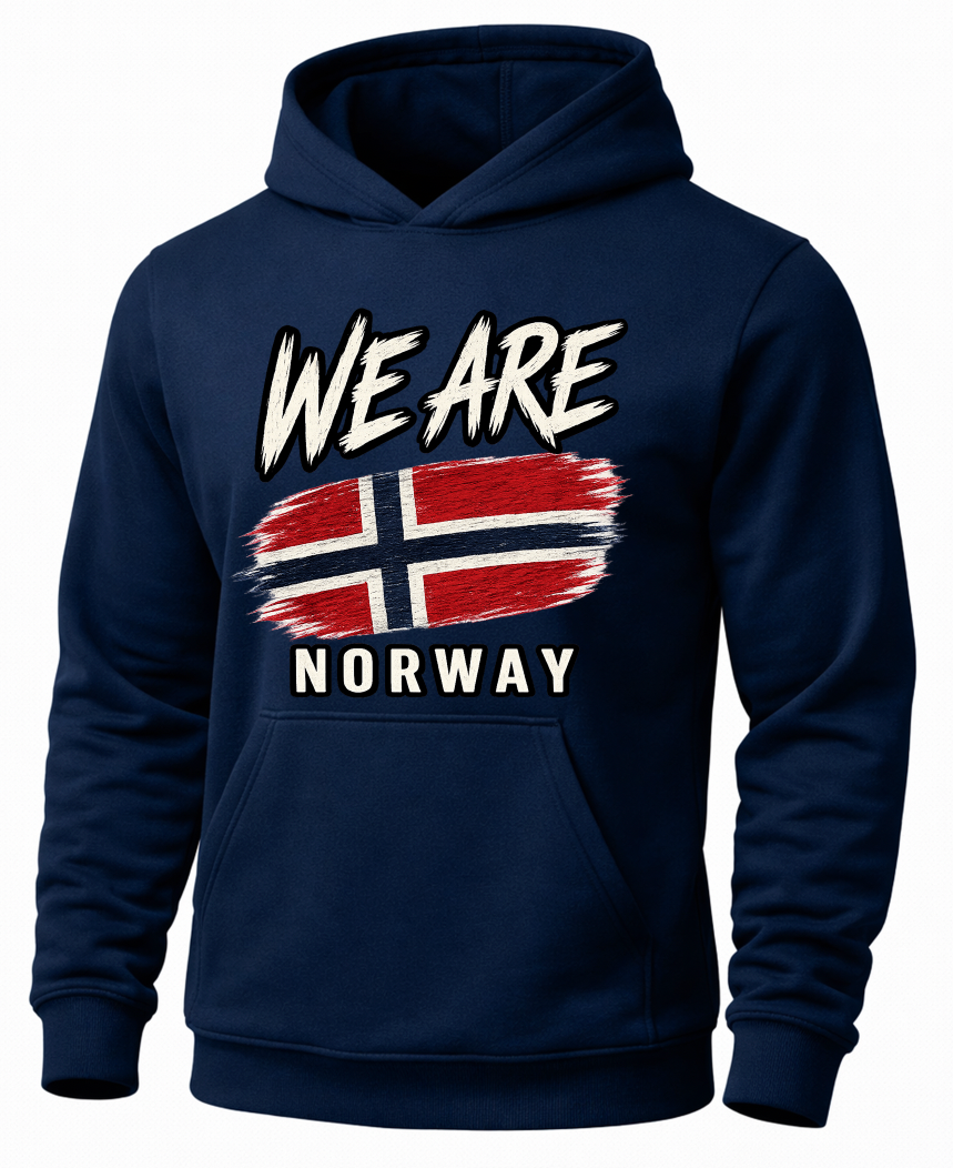 A navy blue pullover hoodie featuring a distressed graphic print on the front with the text 'WE ARE NORWAY' and a stylized Norwegian flag.