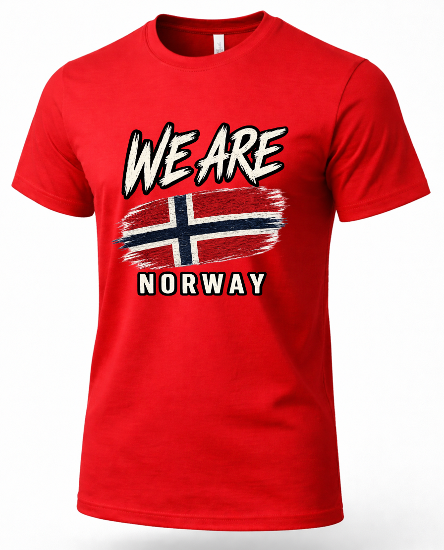 A red short-sleeve crewneck t-shirt featuring a graphic print on the front with the text 'WE ARE NORWAY' and a stylized Norwegian flag.