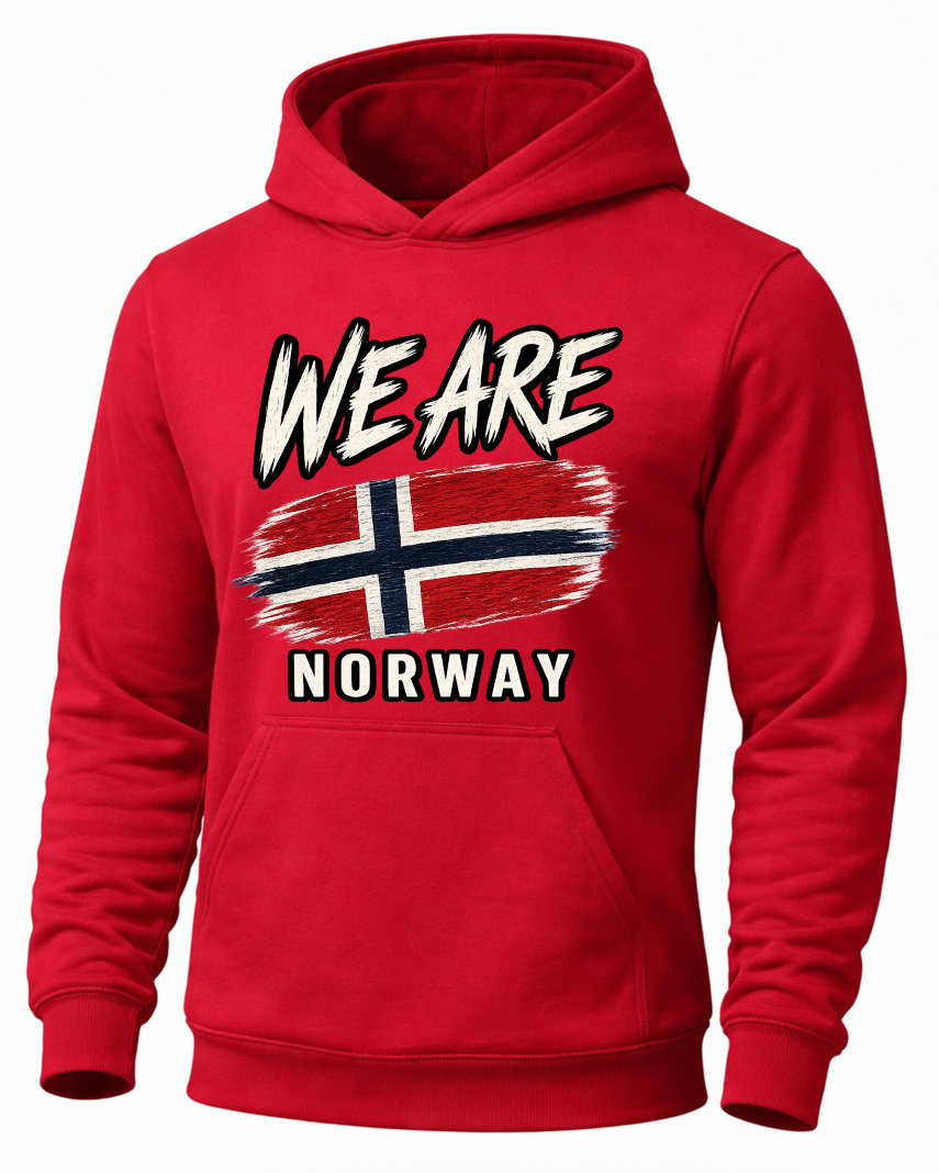 A red pullover hoodie featuring a distressed graphic of the Norwegian flag with the text 'WE ARE NORWAY' printed on the front.
