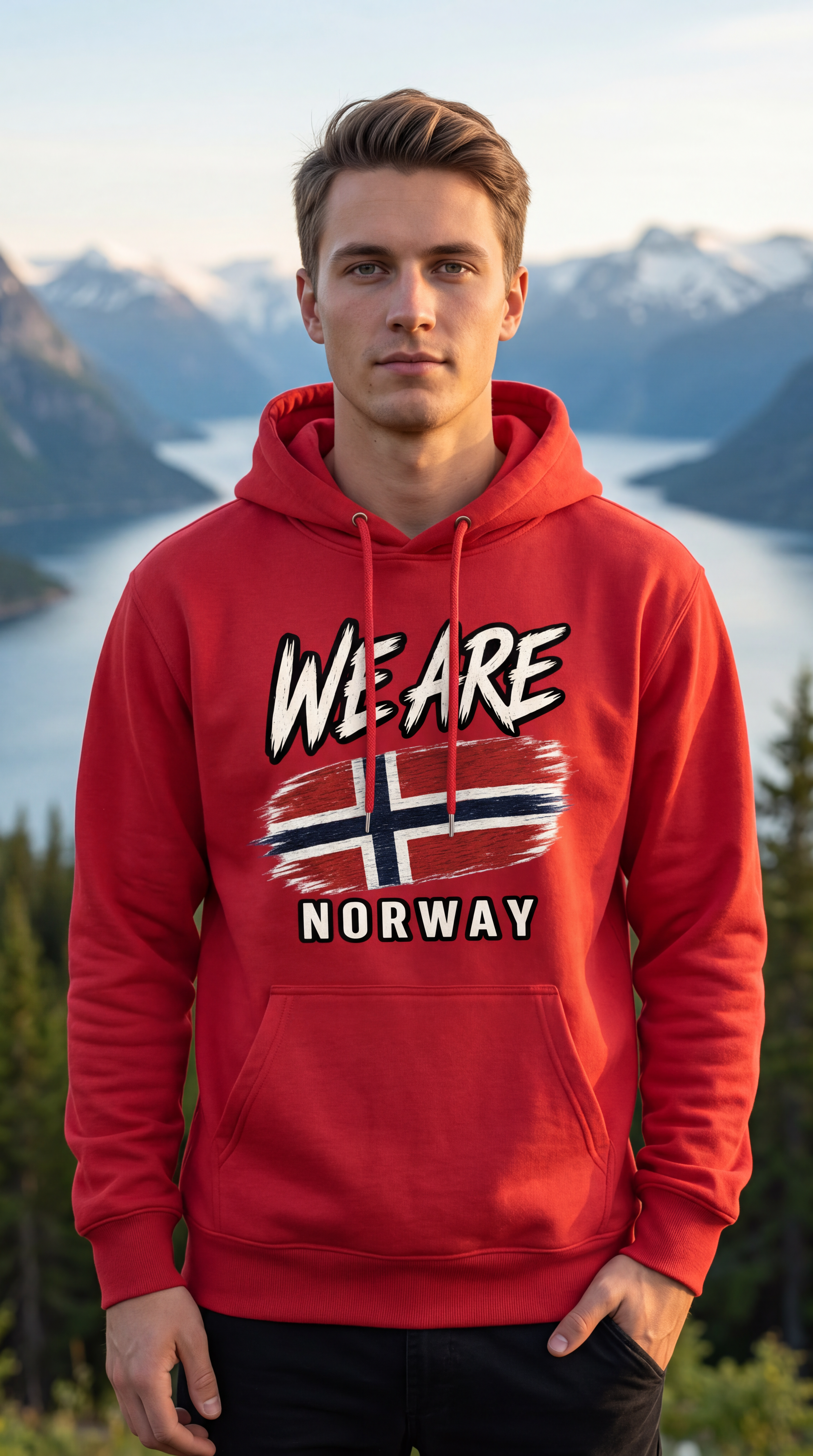 A man wearing a red pullover hoodie with a 'WE ARE NORWAY' graphic featuring the Norwegian flag, posed in front of a scenic mountain and fjord background.
