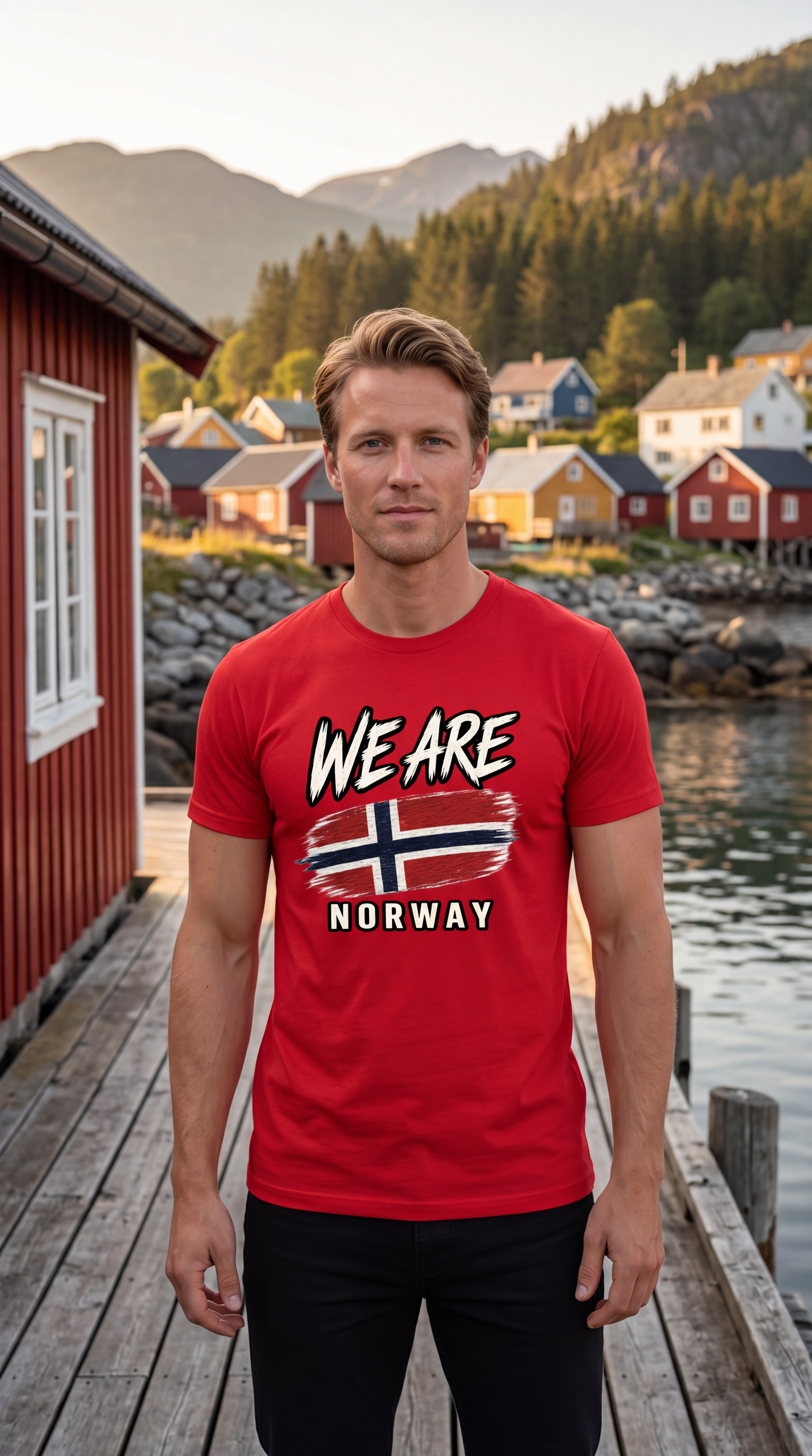 A man wearing a red graphic t-shirt with 'WE ARE NORWAY' and a stylized Norwegian flag printed on the front, standing on a wooden dock with a scenic coastal village and mountains in the background.