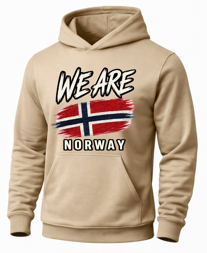 A beige pullover hoodie with a graphic on the chest that reads 'WE ARE NORWAY' above and below a stylized Norwegian flag, shown on a plain white background.