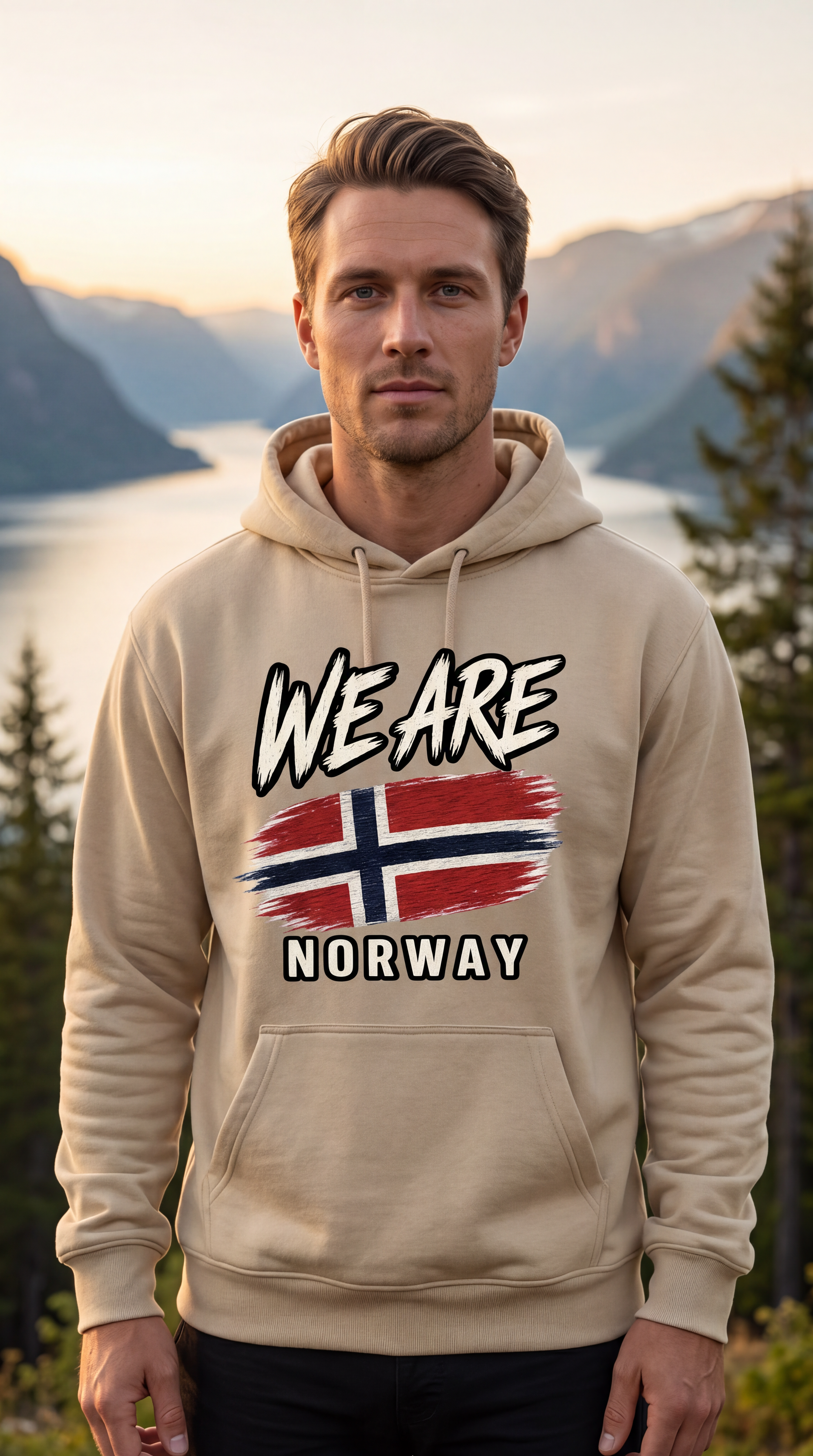 A man wearing a beige hoodie with a 'WE ARE NORWAY' graphic featuring the Norwegian flag, standing outdoors in front of a scenic mountain and lake background.