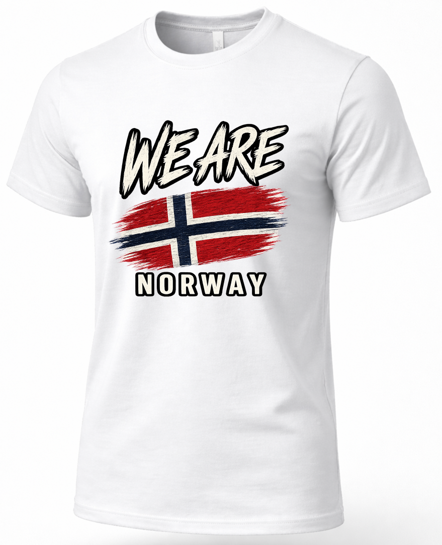 A white short-sleeve crewneck t-shirt featuring a graphic print of the Norwegian flag and the text 'WE ARE NORWAY' in stylized black and white lettering.