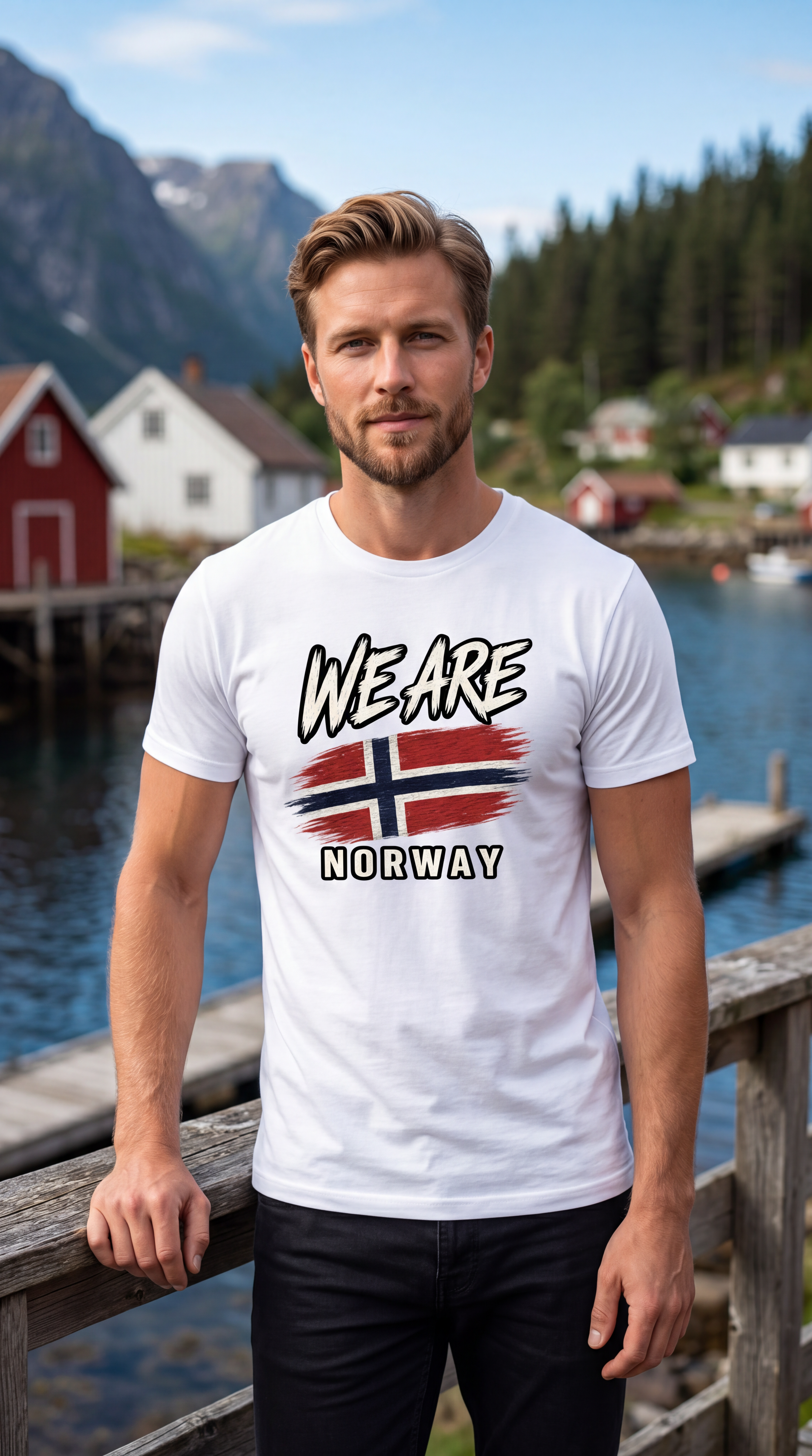 A man wearing a white graphic t-shirt with 'WE ARE NORWAY' and a Norwegian flag design, standing outdoors in front of a scenic mountain and lake background.