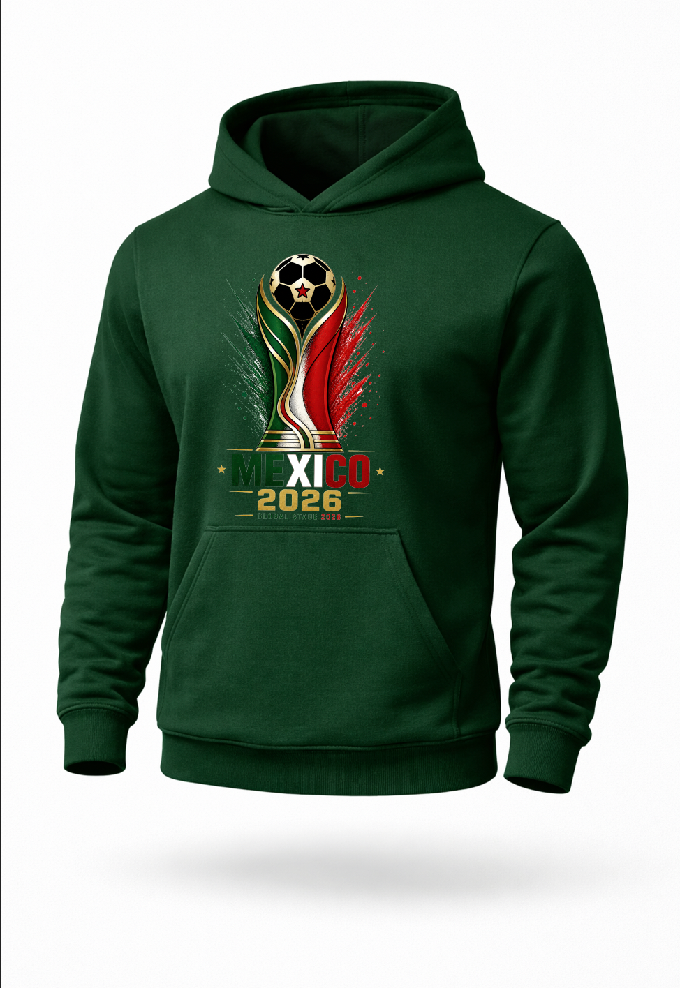 Olive green Mexico 2026 soccer hoodie featuring patriotic green white red and gold football-inspired graphic artwork on premium streetwear pullover hoodie