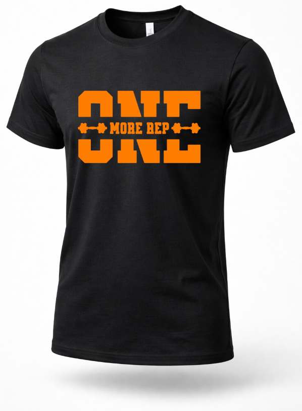 Black gym t-shirt with orange “One More Rep” motivational weightlifting design, fitness workout shirt for lifters
