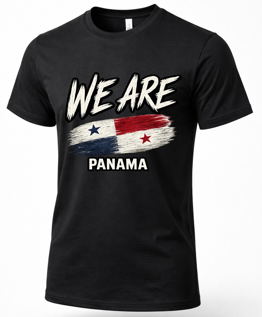 A black short-sleeve crewneck t-shirt featuring a distressed graphic of the Panama flag with the text 'WE ARE' above and 'PANAMA' below, displayed on a clean white background.