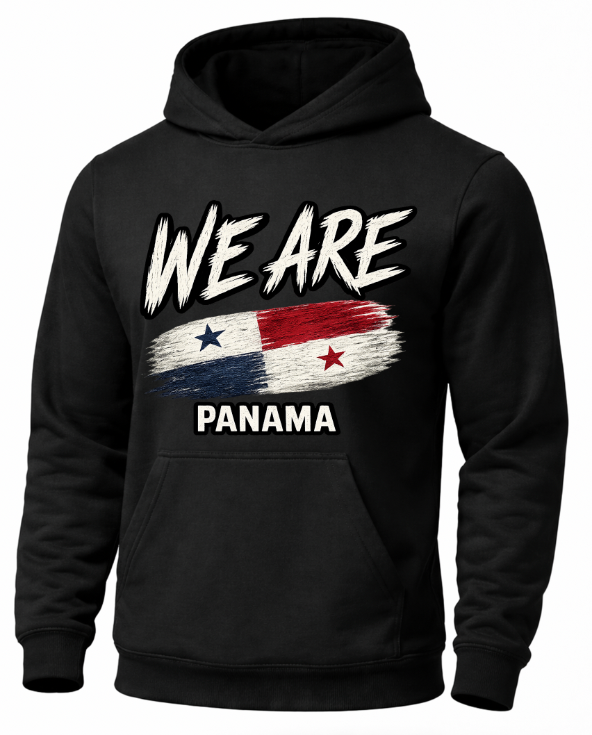 A black pullover hoodie with a graphic on the chest that reads 'WE ARE' above a distressed Panamanian flag and 'PANAMA' below, shown on a plain white background.