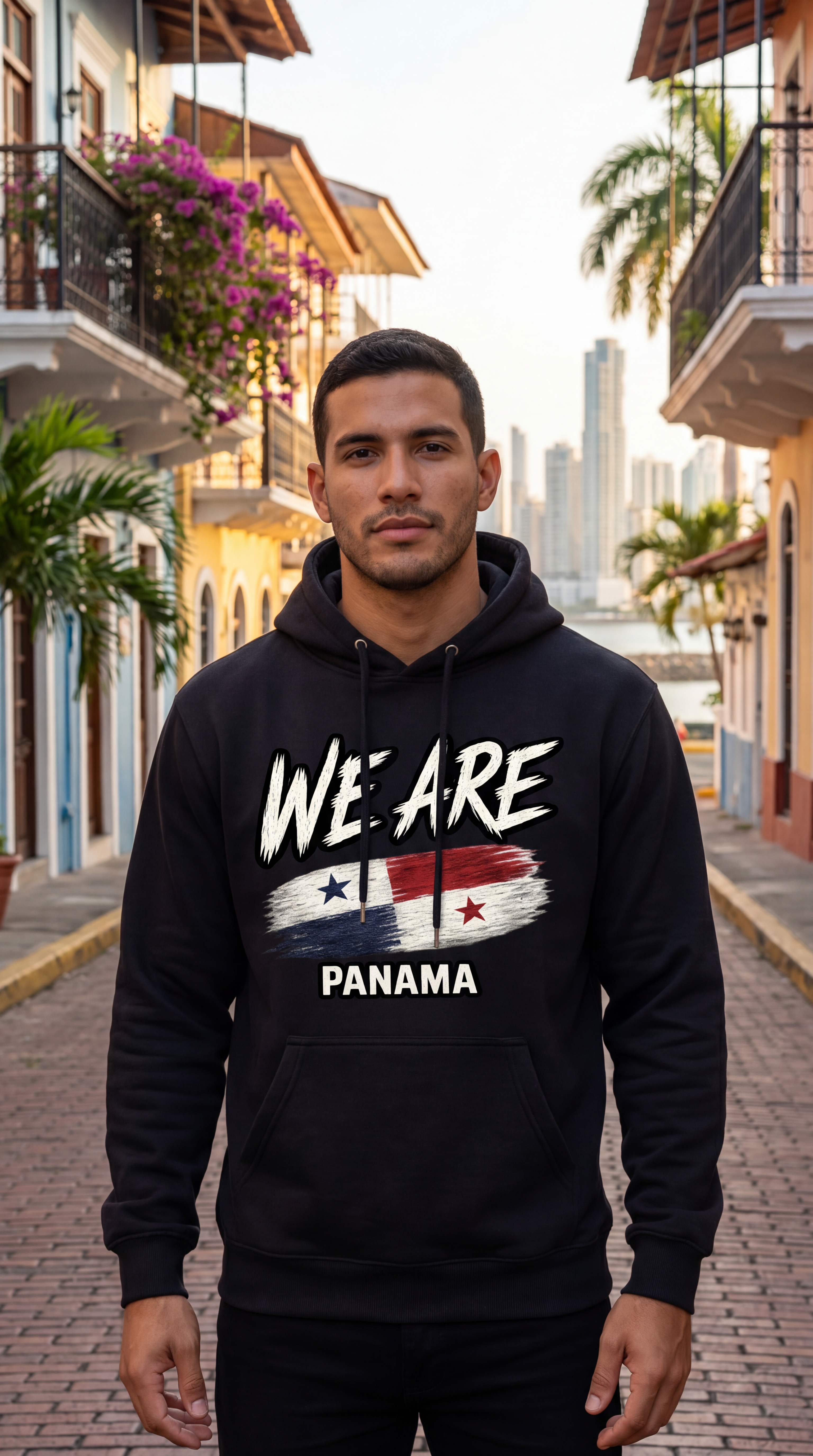A man wearing a black hoodie with 'WE ARE PANAMA' and a Panamanian flag graphic printed on the front, standing on a cobblestone street with colonial-style buildings in the background.