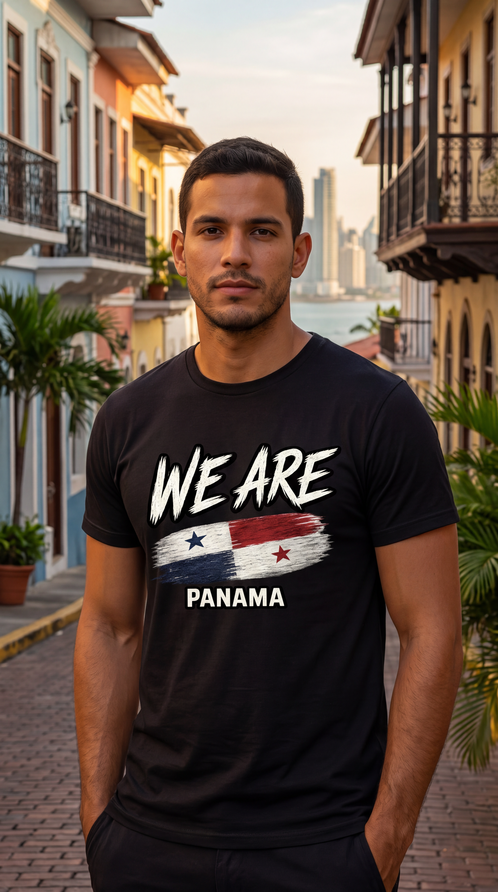 A man standing on a cobblestone street wearing a black graphic t-shirt with 'WE ARE PANAMA' and the Panama flag design, set against a background of historic colonial buildings and a distant city skyline.
