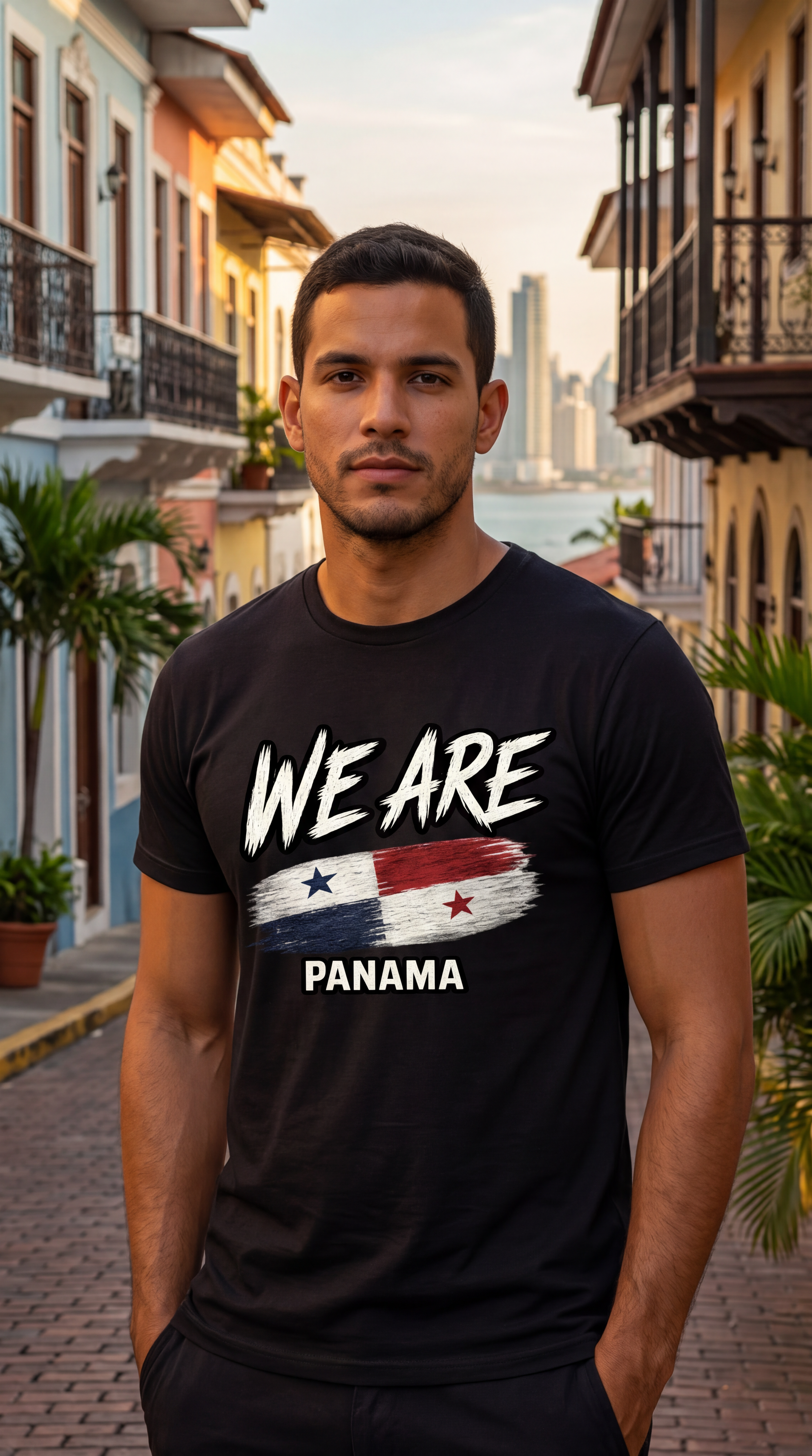 A man standing on a cobblestone street wearing a black graphic t-shirt with 'WE ARE PANAMA' and the Panama flag design, set against a background of historic colonial buildings and a distant city skyline.