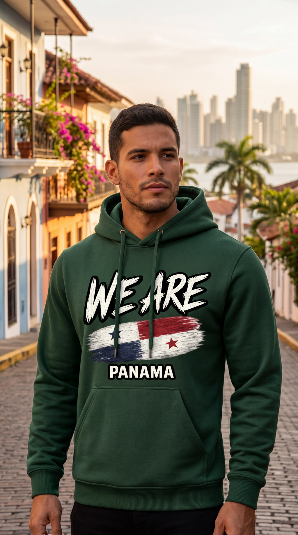 A man wearing a forest green hoodie with a graphic that reads 'WE ARE PANAMA' and features the Panamanian flag, standing on a cobblestone street in front of colorful colonial-style buildings.