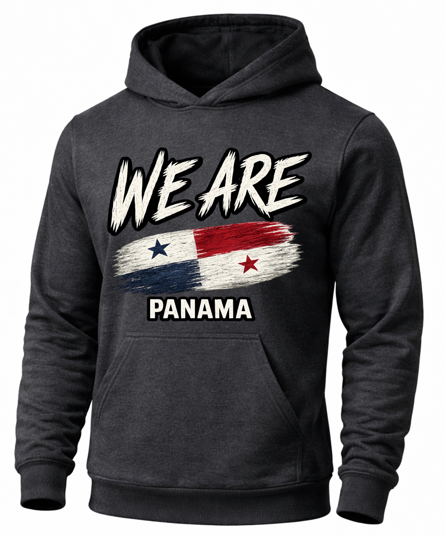 A gray pullover hoodie with a graphic on the chest that reads 'WE ARE' above a distressed Panamanian flag and 'PANAMA' below, shown on a plain white background.