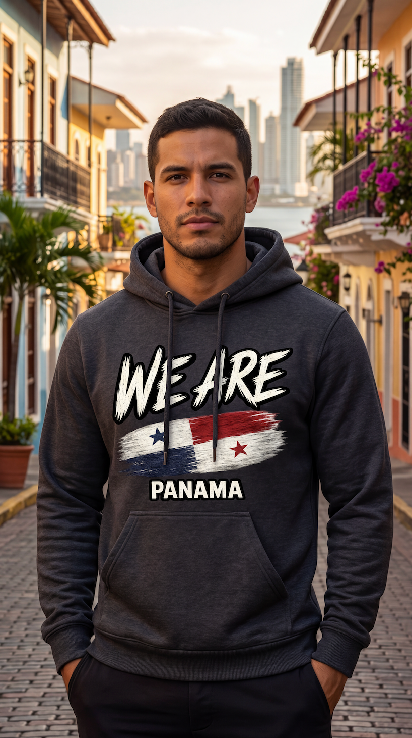 A man wearing a dark gray hoodie with 'WE ARE PANAMA' and a Panamanian flag graphic printed on the front, standing on a cobblestone street with colonial-style buildings in the background.