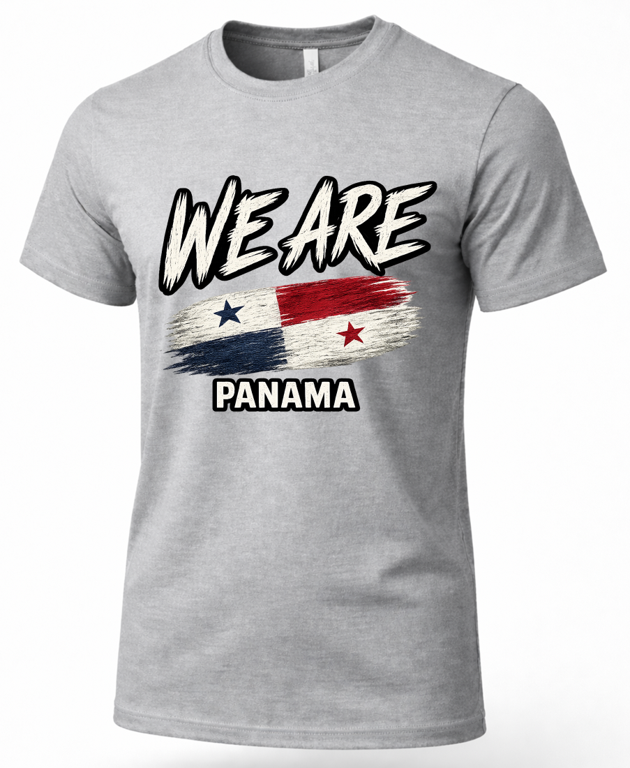 A heather gray short-sleeve t-shirt with a graphic print on the front. The graphic features the text 'WE ARE' in a bold black-and-white brush font above a distressed Panamanian flag, with 'PANAMA' written below in white block letters with a black outline.