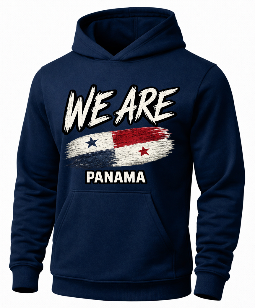 A navy blue pullover hoodie with a graphic on the chest that reads 'WE ARE' above a stylized flag and 'PANAMA' below, shown on a plain white background.