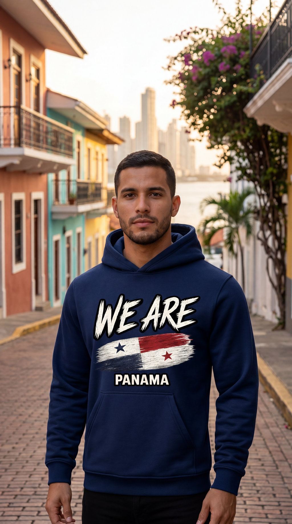 A man wearing a navy blue hoodie with a graphic print that reads 'WE ARE PANAMA' and features the Panamanian flag, standing on a cobblestone street in front of colorful colonial buildings.