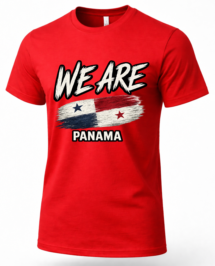 A red short-sleeve crewneck t-shirt featuring a graphic print of the text 'WE ARE' in a distressed white and black font above a painted Panama flag, with 'PANAMA' printed below in white with a black outline.