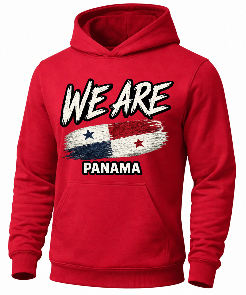 A red pullover hoodie with a graphic print on the front that reads 'WE ARE' above a distressed Panama flag and 'PANAMA' below, shown on a plain white background.