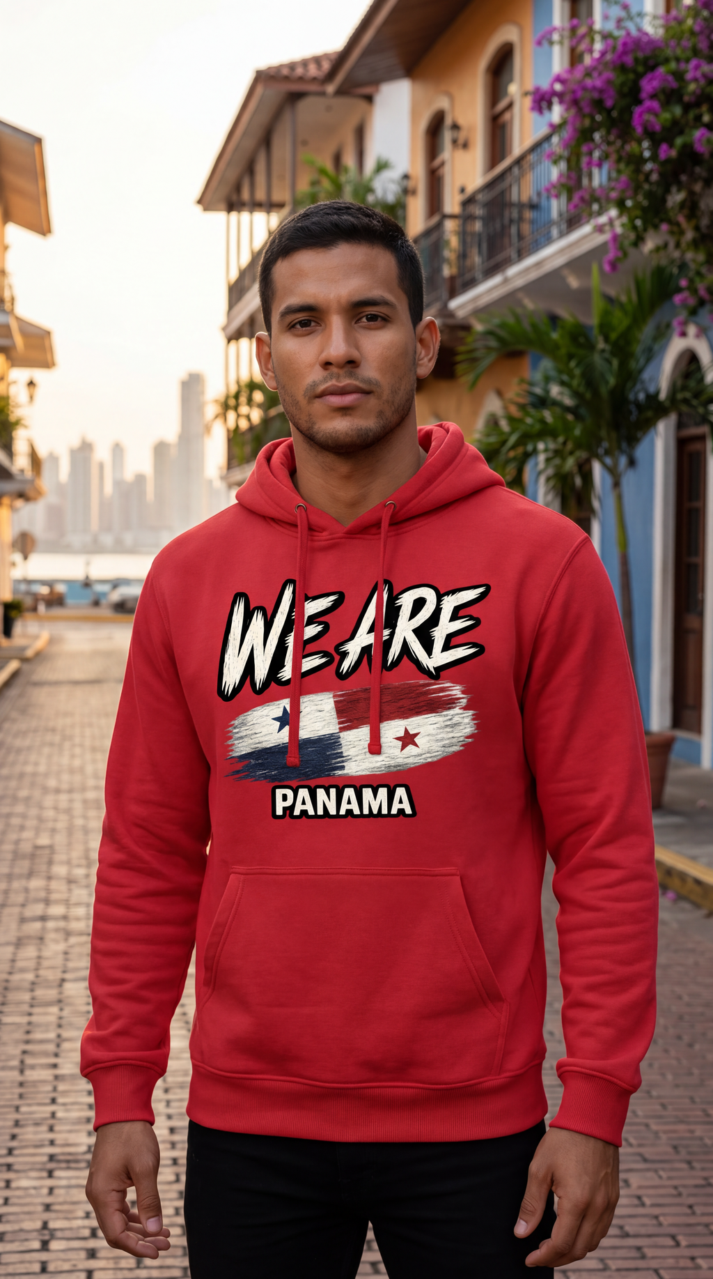 A man wearing a red hoodie with a graphic print that reads 'WE ARE PANAMA' and features the Panama flag, standing on a cobblestone street in front of colonial-style buildings.