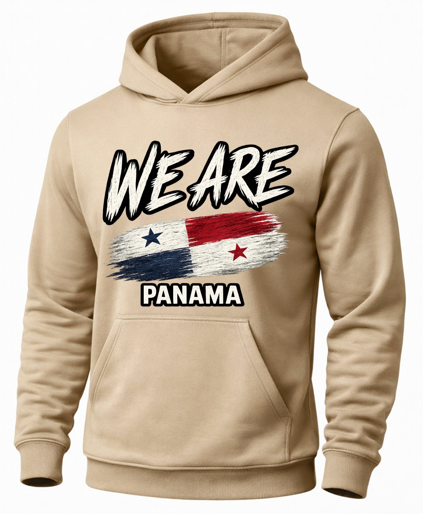 A beige pullover hoodie with a graphic print on the front featuring the text 'WE ARE' above a distressed Panamanian flag and 'PANAMA' below, shown on a plain white background.