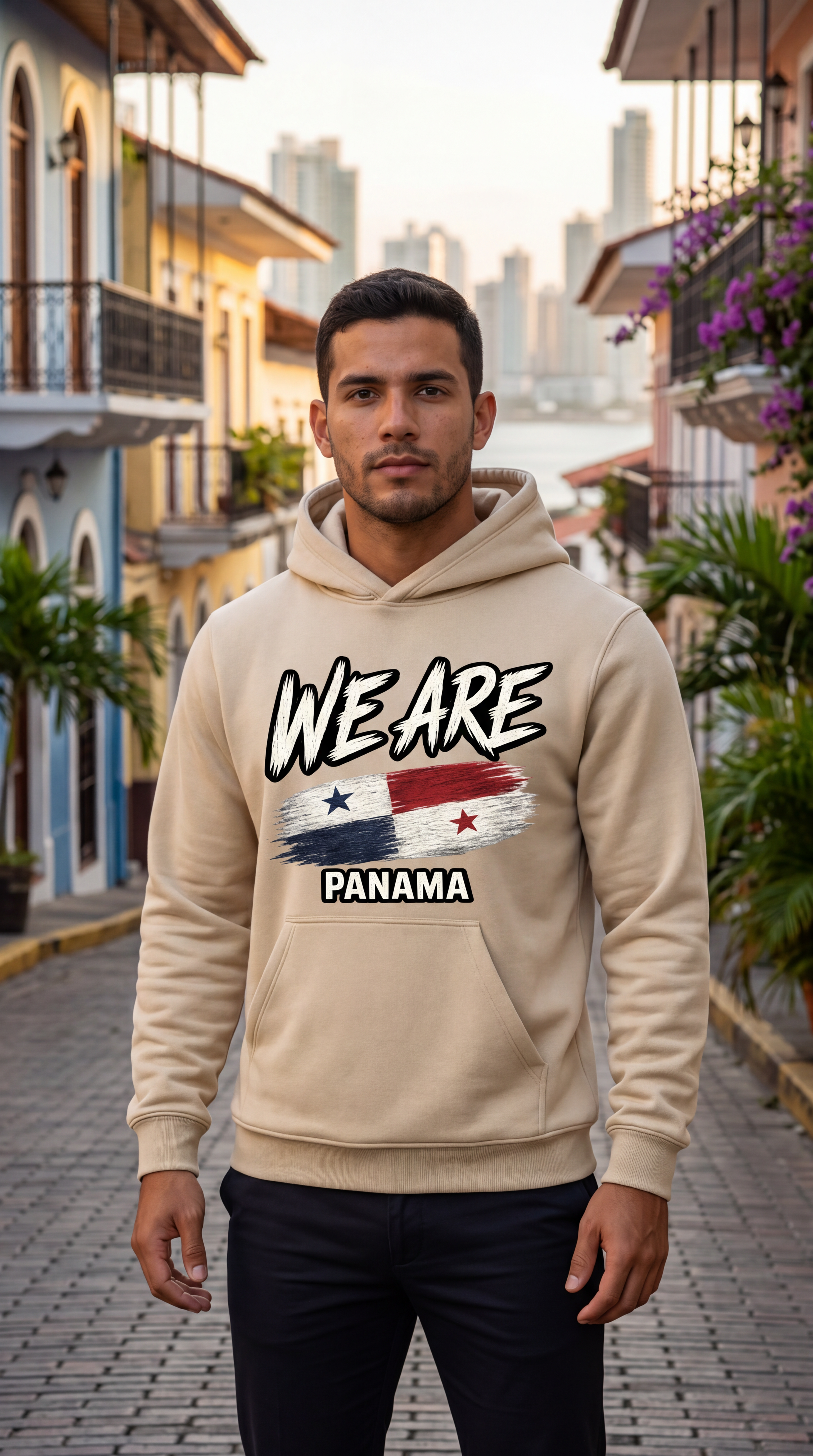 A man wearing a beige hoodie with a graphic that reads 'WE ARE PANAMA' and features the Panamanian flag, standing on a cobblestone street in front of colorful colonial-style buildings.