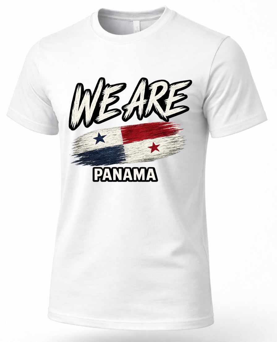 A white short-sleeve crewneck t-shirt featuring a graphic print on the front with the text 'WE ARE' in a black brush font above a distressed Panamanian flag, and 'PANAMA' printed below in black.