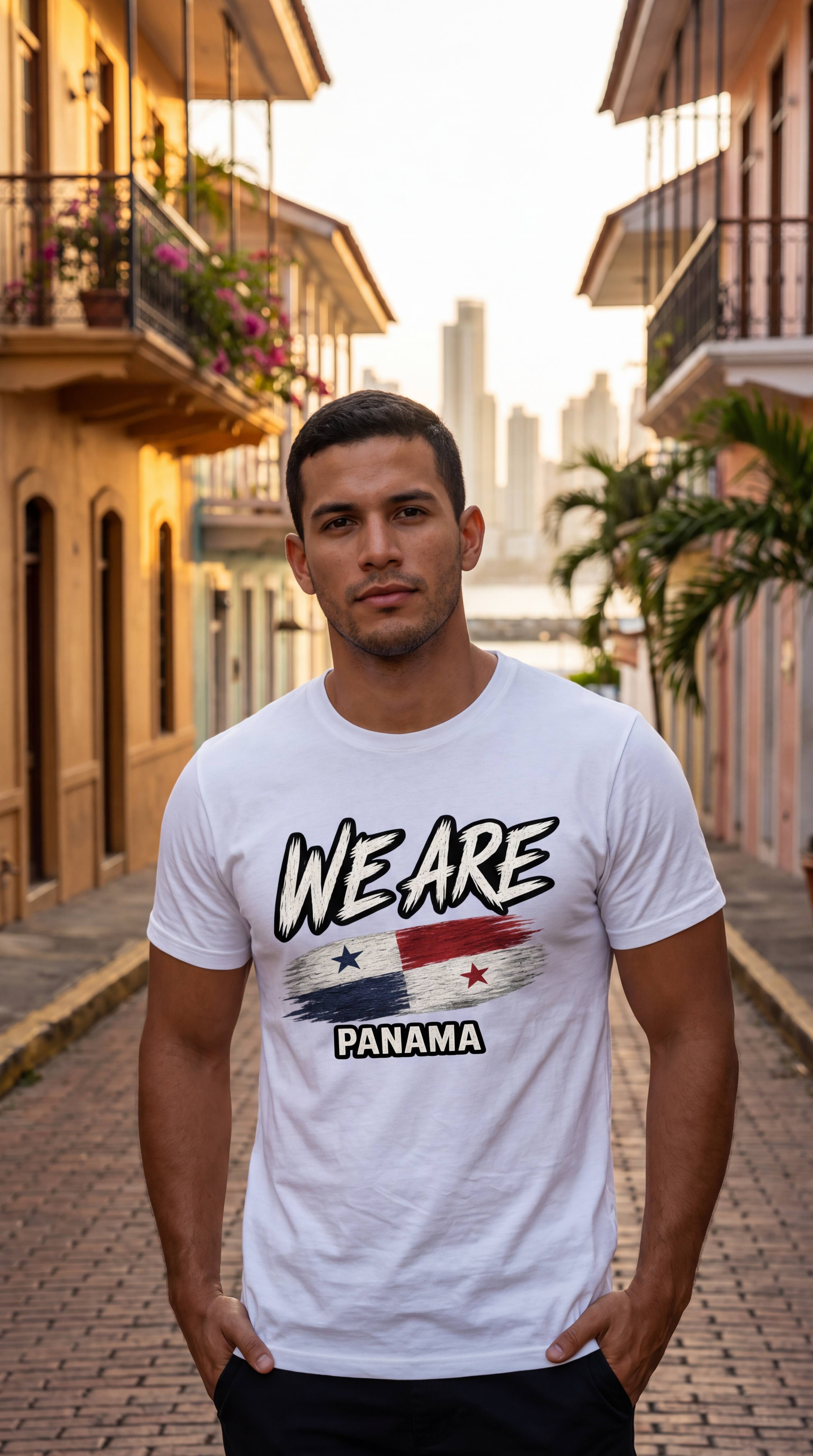 A man standing on a cobblestone street wearing a white graphic t-shirt with 'WE ARE PANAMA' and the Panama flag design, set against a background of historic colonial buildings and a distant city skyline.