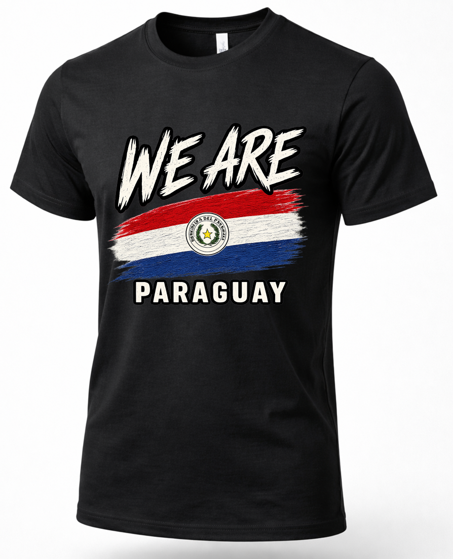 A black short-sleeve crewneck t-shirt featuring a distressed graphic of the Paraguayan flag with the text 'WE ARE' above and 'PARAGUAY' below in white.