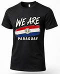 A black short-sleeve crewneck t-shirt featuring a distressed graphic of the Paraguayan flag with the text 'WE ARE' above and 'PARAGUAY' below in white.