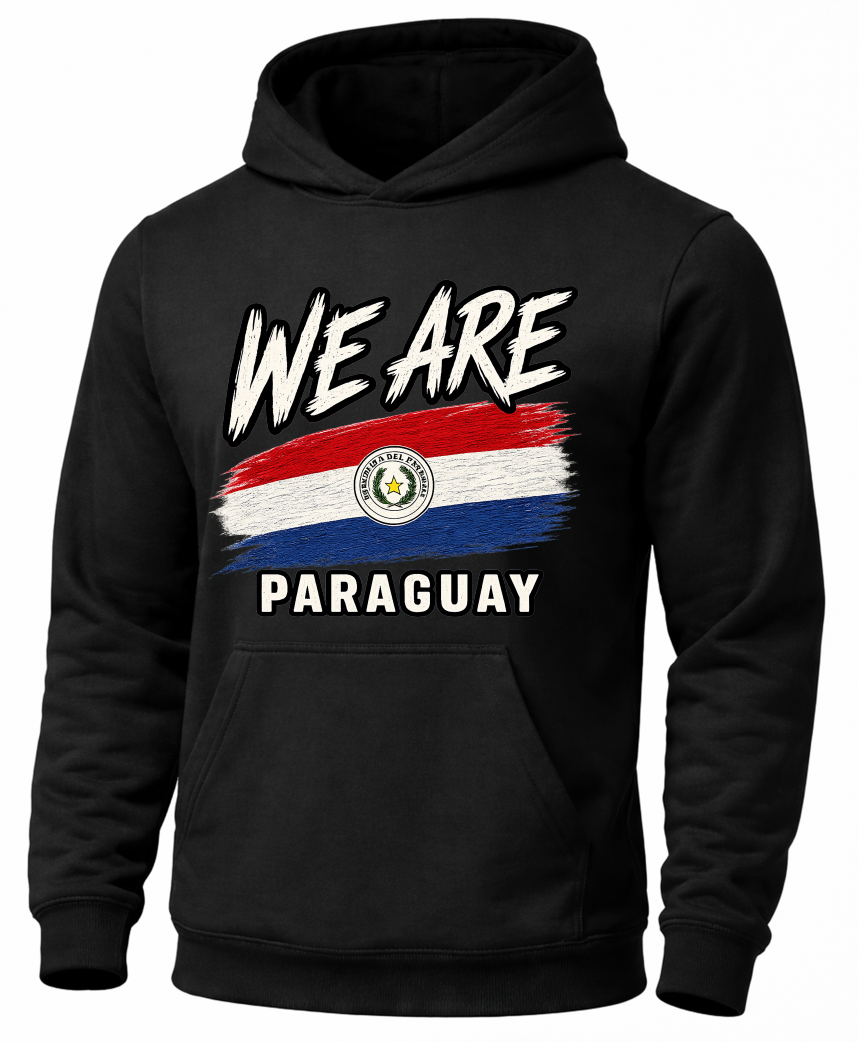 A black pullover hoodie with a distressed graphic on the chest featuring the text 'WE ARE' above a Paraguayan flag and 'PARAGUAY' below, shown on a plain white background.